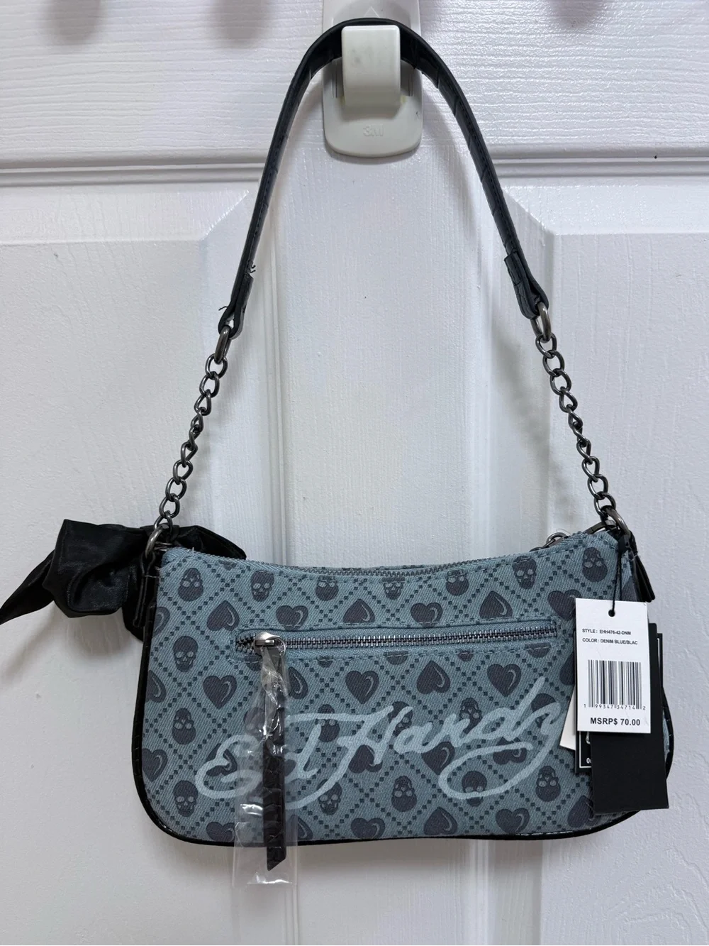 NWT Ed Hardy Blue Heart & Skull Print Chain Shoulder Bag with Bow